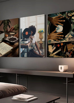 Contemporary Black Woman Wall Art Collection - Set of 3 Framed Canvas Prints Showcasing African American Music and Record Player Designs for Bedroom and Living Room, 12x16 Inches