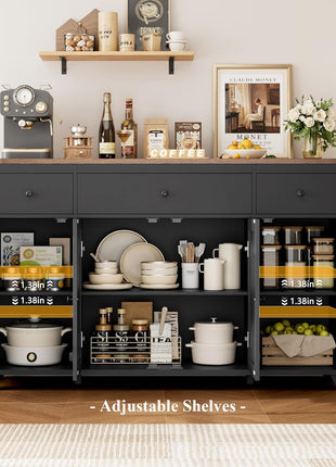 55-Inch Farmhouse Buffet Cabinet with Storage Drawers and Shelves - Versatile Wood Sideboard for Kitchen, Dining, and Living Room in Black