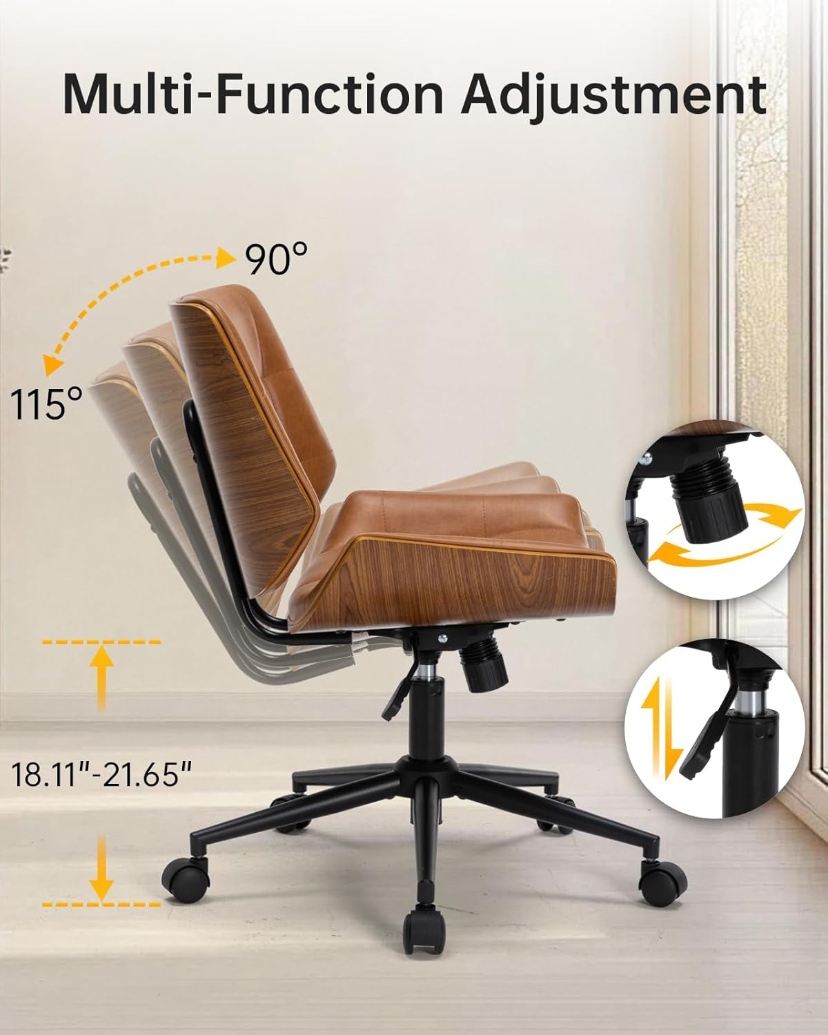 Mid-Century Modern Home Office Chair,Adjustable Height Desk Chair with Walnut Finish&Pu Leather,Armless Executive Computer Chair with 360° Swivel Rolling Wheels for Vanity, Bedroom&Workspace (Brown)
