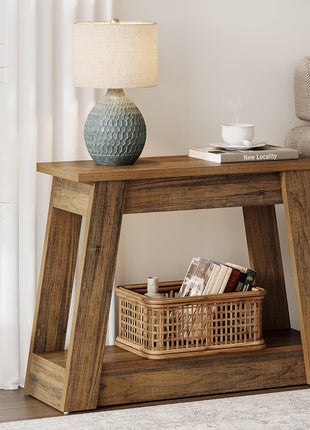 Rustic Brown Wooden End Table with Dual Storage Shelves - Slim Accent Nightstand for Living Room and Bedroom