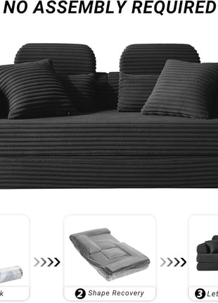 78.8" Multifunctional Convertible Sofa Bed with High Backrest & Headrest - 5-in-1 Corduroy Couch with Side Pocket, No Assembly Needed, Washable Detachable Cover, Ideal for Living Room - Elegant Black Finish
