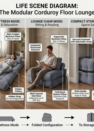 Gray Modular Convertible Floor Sofa Bed - Space-Efficient Foldable Sleeper Couch with Cushions for Compact Living Spaces