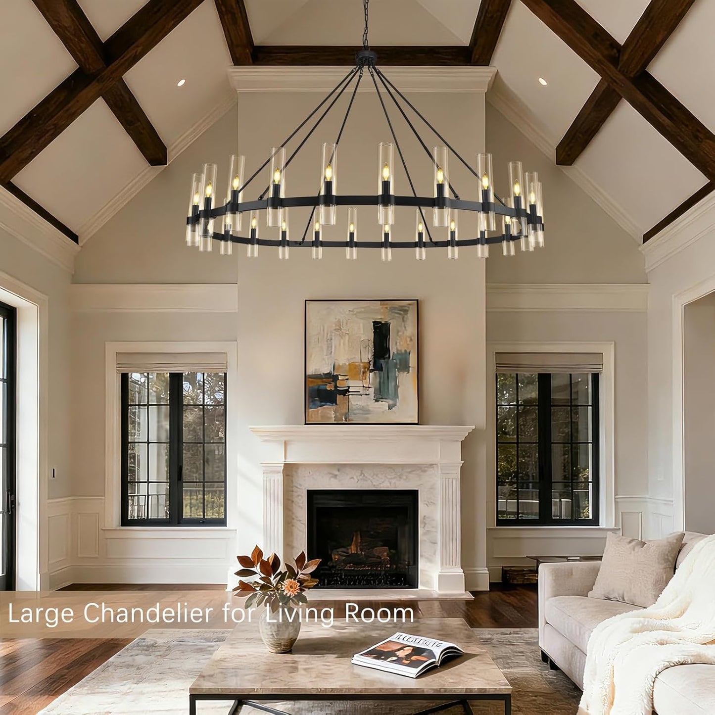 Black Wagon Wheel Chandelier 70 Inch, Large Chandeliers for High Ceilings, 24-Light Chandelier with Glass Shade, Modern Farmhouse Chandeliers for Living Room, Dining Room and Foyer(24 Bulbs Included)