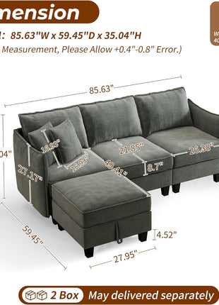 L-Shaped Modular Sectional Sofa with Storage Ottoman and Washable Cushion Covers for Living Room, Apartment, or Bedroom in Grey