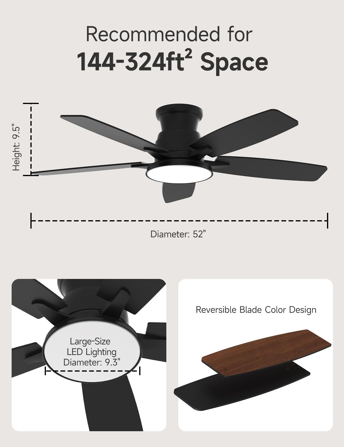 Flush Mount Ceiling Fan with Light, 52 Inch, Remote Control, 3CCT Dimmable LED, 6-Speed Silent Reversible DC Motor, Low Profile Hugger Ceiling Fan for Indoor/Outdoor 90-264V 50/60Hz Matte Black