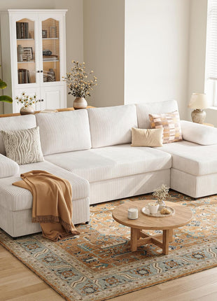 112-Inch U-Shaped Sectional Sofa | Contemporary Cloud Couch with Double Chaise | Four-Seater Corduroy Sofa for Apartments | Warm White | Durable Iron Frame with Squeak-Free Design | Supports up to 1200 lbs