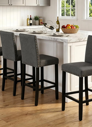 Set of 4 Charcoal Upholstered Counter Height Bar Stools with Nailhead Trim, 24-Inch Solid Wood Legs for Kitchen Island, Dining, and Bedroom