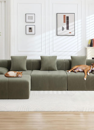 Modern 118" L-Shaped Green Sectional Sofa - Oversized Corduroy Couch for Ultimate Living Room Comfort - No Assembly Required