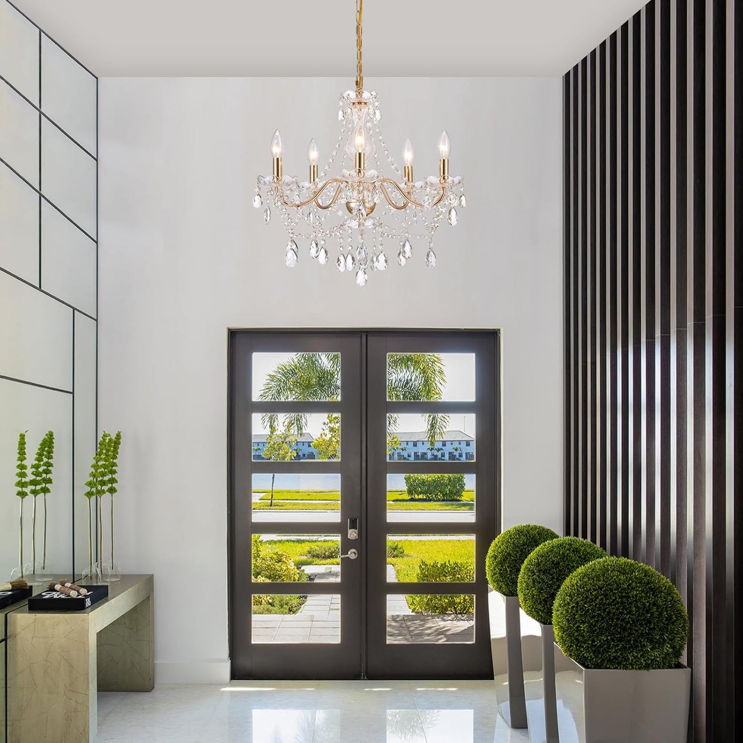 Crystal Gold Chandelier, Glass Crystal Hanging Pendant Lighting, 5 Light French Country Gold Crystals Chandelier for Ceiling Medallions,Wedding,Dining,Kitchen, Foyer,Dia 20'' Golden