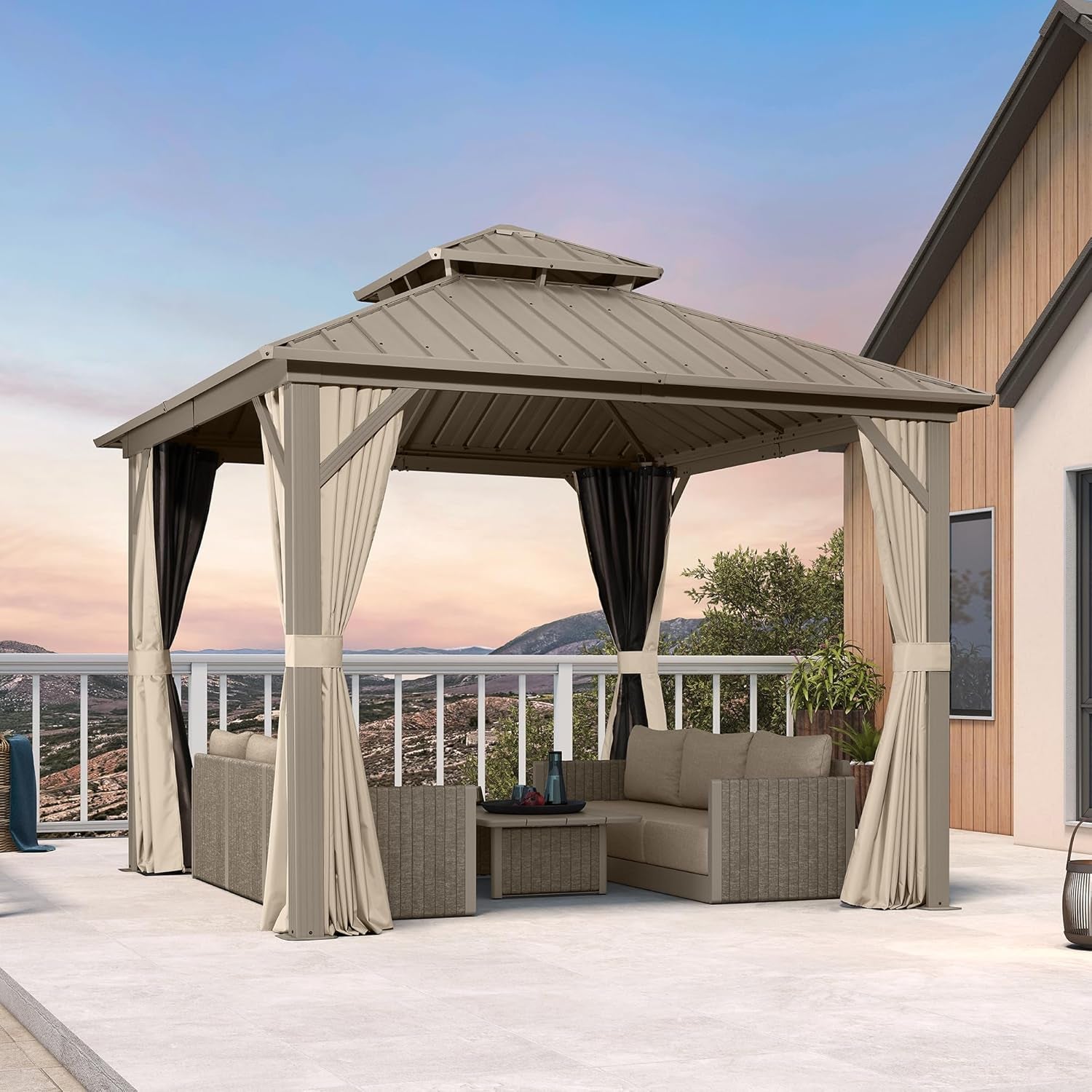 10' X 10' Hardtop Gazebo, Champagne Outdoor Aluminum Gazebo with Galvanized Steel Double Roof, Curtains and Netting for Patio Lawn and Garden
