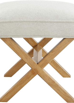 Mid-Century Modern Small Ottoman Foot Rest, Ivory White Polyester Linen, 18"D x 19.8"W x 18.3"H