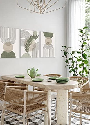 Sage Green Bohemian Wall Art Set of 3 - Minimalist Framed Geometric Line Art with Leaf, Sun, and Moon Designs on Beige and Green Canvas, Abstract Botanical Decor for Home and Office, 12" x 16