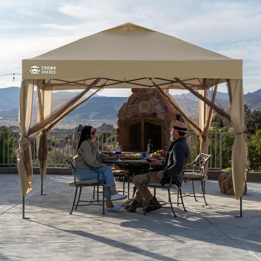 10X10 Pop up Gazebo, Canopy with Mosquito Netting,Instant Screen Tent with 4 Ropes, 8 Stakes, 4 Sandbags and Wheeled Storage Bag,For Patio & Backyard Parties,Camping&Events- Beige