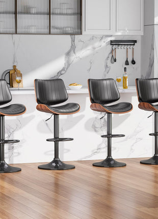 Set of 2 Adjustable Swivel Bar Stools in Mid-Century Modern Bentwood Design with PU Leather Upholstery, Backrest, and Footrest - Perfect for Kitchen Counter, Bar, or Dining Room, Black