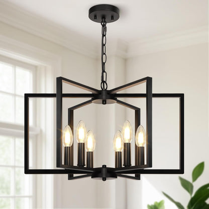 Black Farmhouse Chandelier, 6 Light Geometric Dining Room Light Fixture, Modern Industrial Metal Ceiling Light Rustic Hanging Pendant Lights with E12 Base for Kitchen Island Entryway Foyer, Indoor