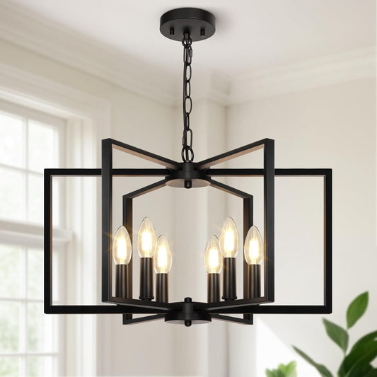 Black Farmhouse Chandelier, 6 Light Geometric Dining Room Light Fixture, Modern Industrial Metal Ceiling Light Rustic Hanging Pendant Lights with E12 Base for Kitchen Island Entryway Foyer, Indoor