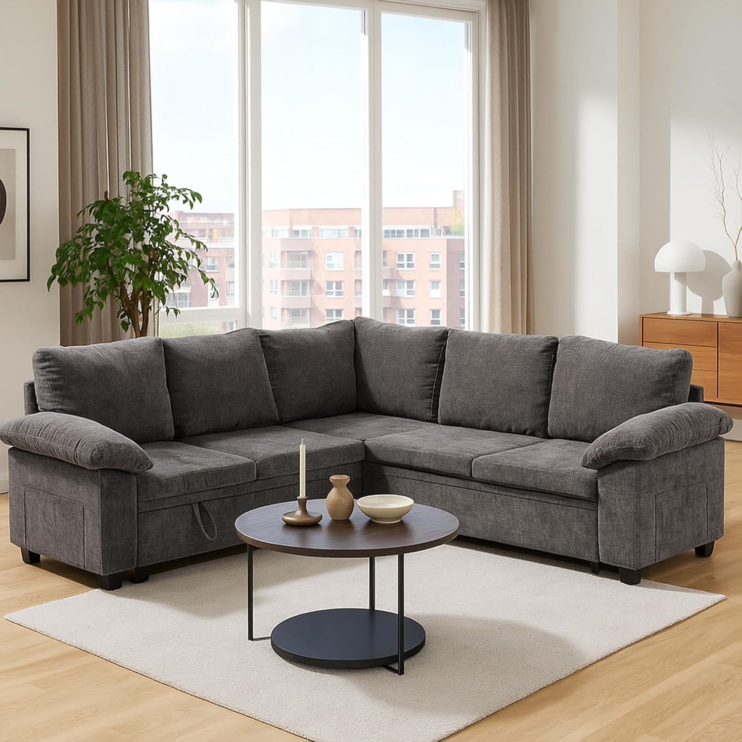 108 Inch Sectional Sleeper L Shaped Sofa with Pull Out Bed, 5 Seat Modular Sectional Sofa with Storage, Modern Chenille Cloud Couch, Sectional Couches for Living Room, Gray