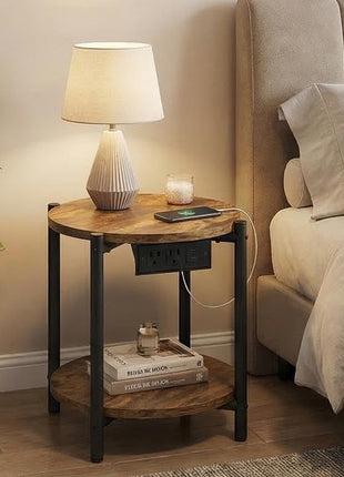 Round End Table with Integrated Charging Station, 15.8" Industrial 2-Tier Nightstand for Compact Spaces, Rustic Brown Finish, 77 lbs Load Capacity