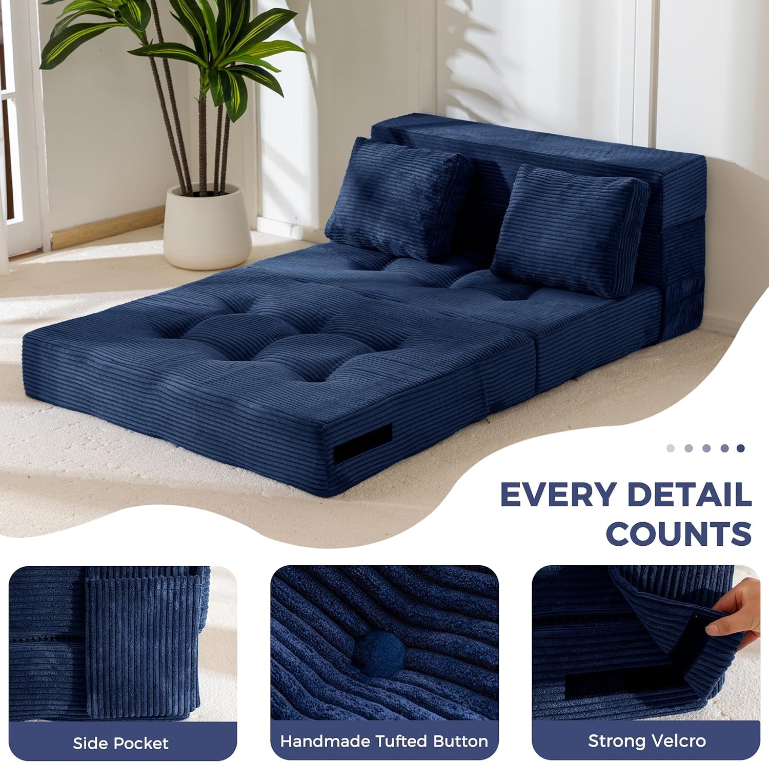 Convertible Sofa Bed, Fold Out Loveseat Sleeper Sofa with Pillow, 4 in 1 Tufted Folding Couch Bed Foam Floor Couch, Lazy Chair for Living Room Bedroom Guest Room, Navy