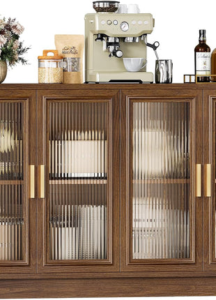 Mid-Century Modern Walnut Sideboard Buffet Cabinet with Storage - 55.1" Wood Kitchen Credenza with 4 Doors for Dining Room, Living Room, and Entryway