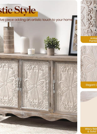 Farmhouse Style Sideboard Buffet Cabinet - 49" Solid Wood Credenza with Storage, 3-Door Design for Dining Room, Living Room, and Hallway in Provence Gray