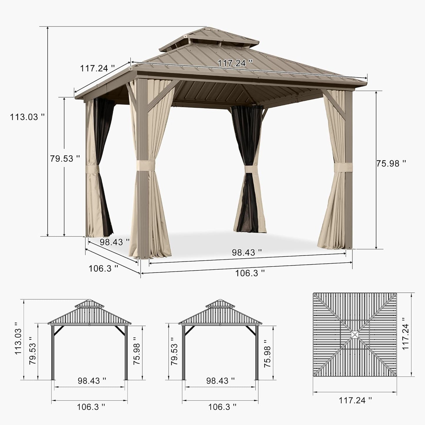 10' X 10' Hardtop Gazebo, Champagne Outdoor Aluminum Gazebo with Galvanized Steel Double Roof, Curtains and Netting for Patio Lawn and Garden