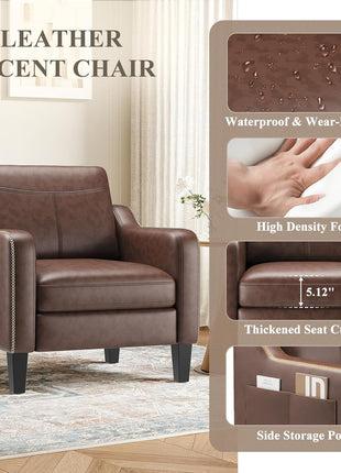 Mid-Century Modern Set of 2 PU Leather Accent Chairs with Removable Cushions and Stitched Armrests in Chocolate Brown