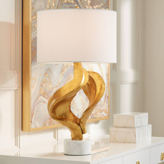 Hera Modern Glam Luxury Table Lamp Decor 31" Tall Sculptural Gold Leaf White Fabric Drum Shade Marble Base for Living Room Bedroom House Bedside Nightstand Home Office Entryway