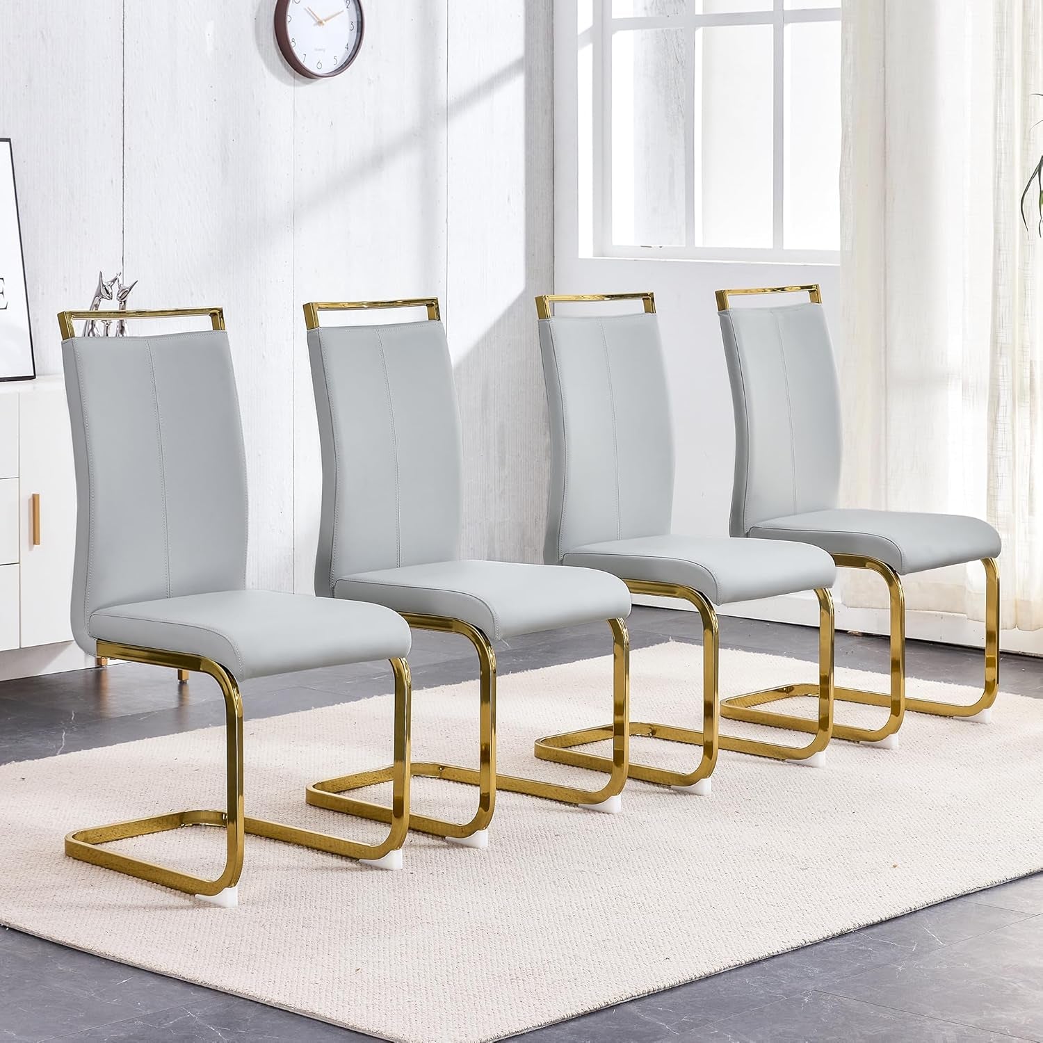 Modern Leather Dining Chairs Set of 4,Armless Kitchen Chairs,Dining Room Chairs with Upholstered Padded Seat and Sturdy Gold Legs for Dining Room,Kitchen (Set of 4, Light Grey-Gold Leg)