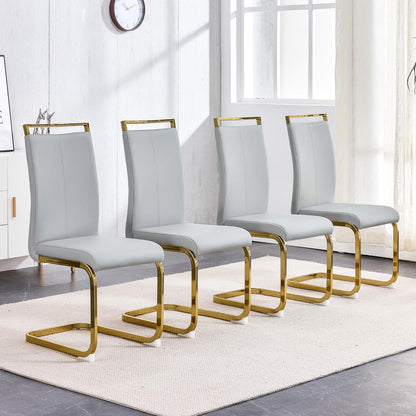 Modern Leather Dining Chairs Set of 4,Armless Kitchen Chairs,Dining Room Chairs with Upholstered Padded Seat and Sturdy Gold Legs for Dining Room,Kitchen (Set of 4, Light Grey-Gold Leg)