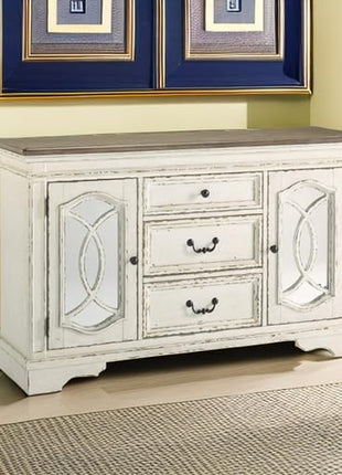 Signature Design by Ashley Realyn French Country Distressed Dining Room Server with Three Drawers and Two Cabinet Doors, Wood Construction, 59" W x 17" D x 36.5" H, Chipped White Finish