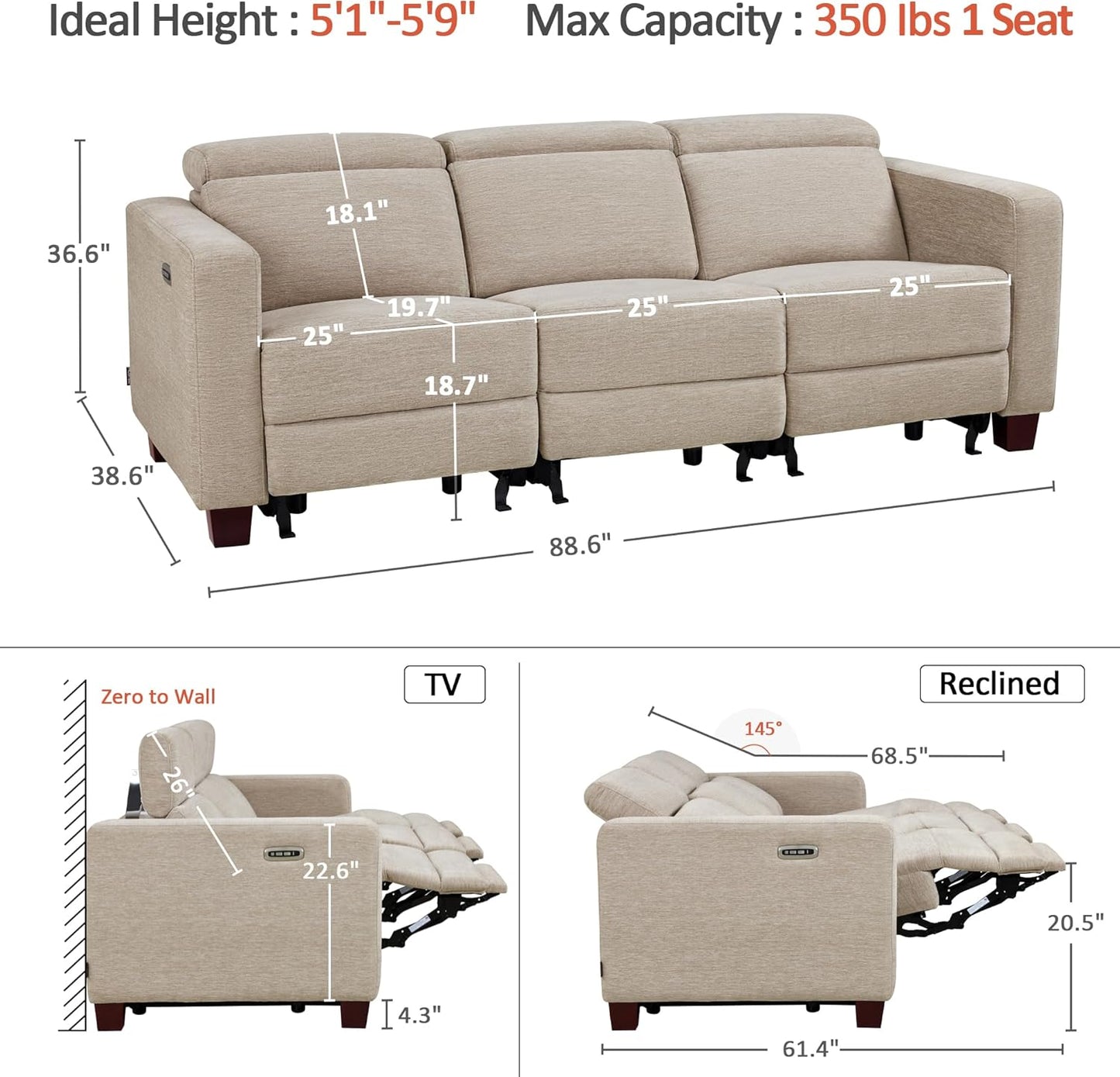 88.6'' Reclining Sofa, Wall Hugger Power Recliner Sofa with Adjustable Headrest, USB a & C Charge Ports, Wood Legs, for Living Room (Fabric, HL198M3) (Beige, 3-Seater)