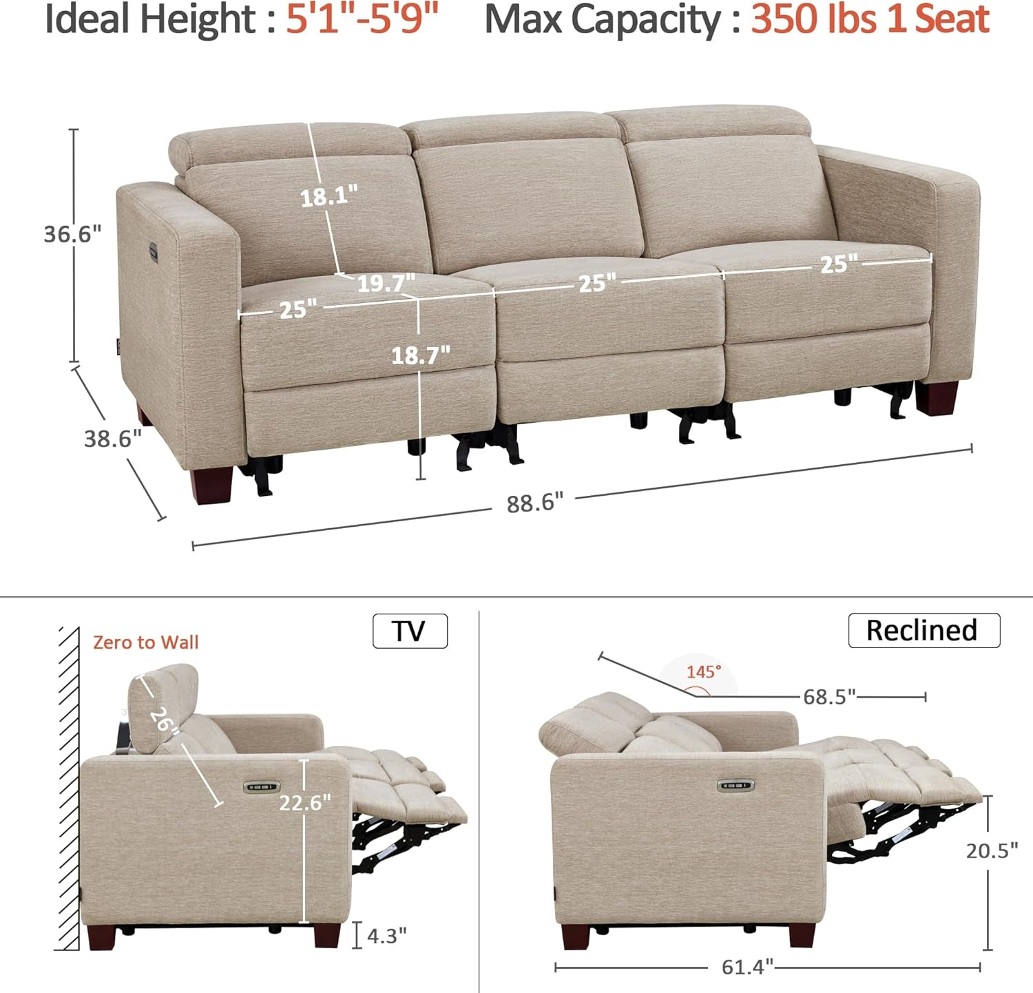 88.6'' Reclining Sofa, Wall Hugger Power Recliner Sofa with Adjustable Headrest, USB a & C Charge Ports, Wood Legs, for Living Room (Fabric, HL198M3) (Beige, 3-Seater)