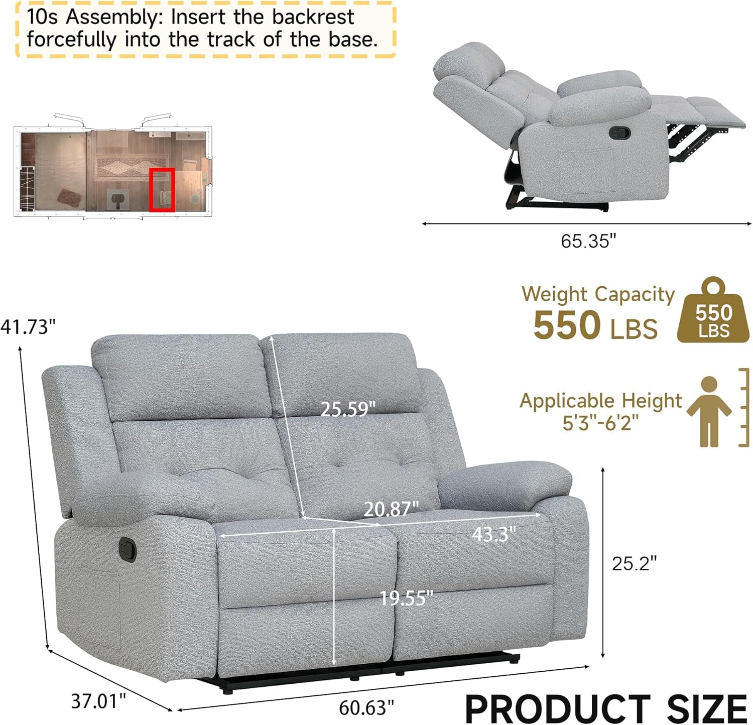 Reclining Loveseat Recliner Sofa, 2-Seater Double Manual Dual Recliner Oversized Couches for Living Room, Bedroom, Rv(Loveseat, Grey)