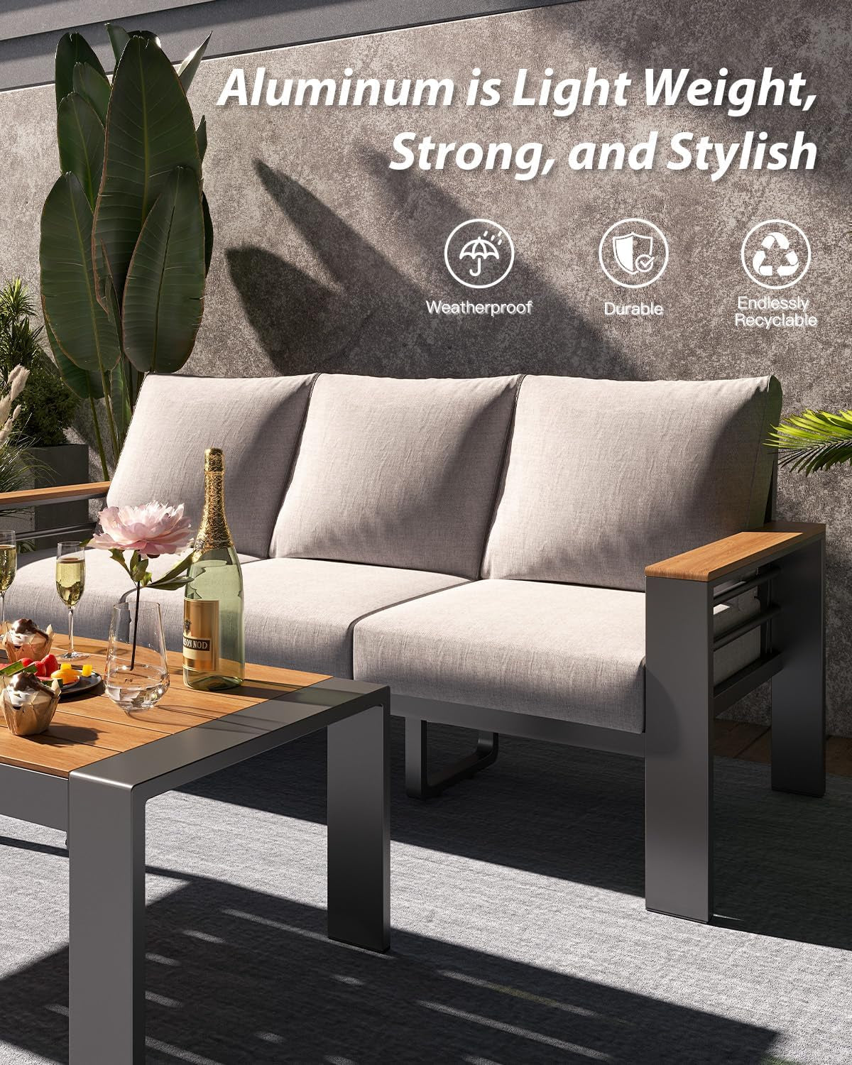 Aluminum Outdoor Patio Furniture Set, 7 Seats Outdoor Sectional with Coffee Table, Patio Conversation Sets with Upgraded Armrests and Cushions for Backyard, Garden and Poolside