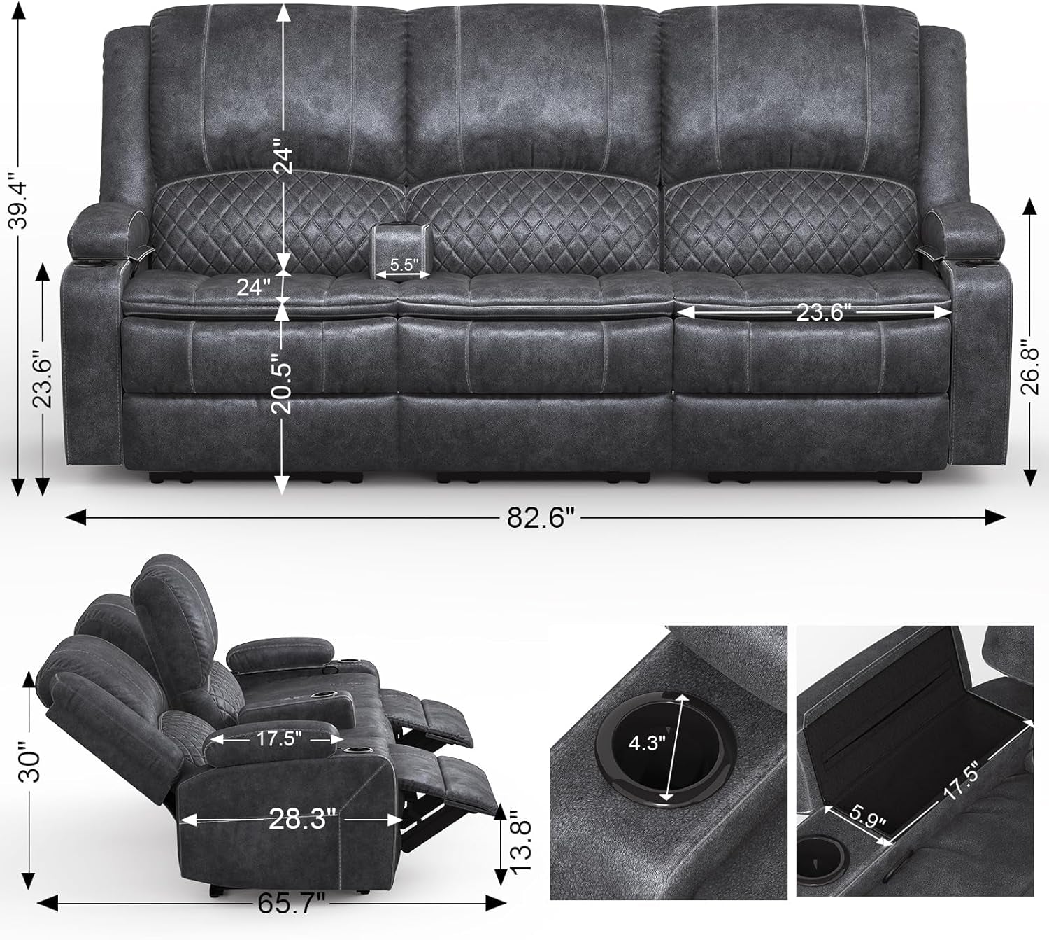 3-Seater Recliner Sofa, Manual Reclining Couch with Multi-Functional Middle Seat, Reclining Sofa for Living Room with Hidden Storage Space, Cup Holders, and Removable Console - Velvet Grey