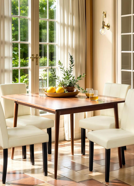 Set of 4 Cream Faux Leather High Back Upholstered Dining Chairs with Durable Wooden Legs
