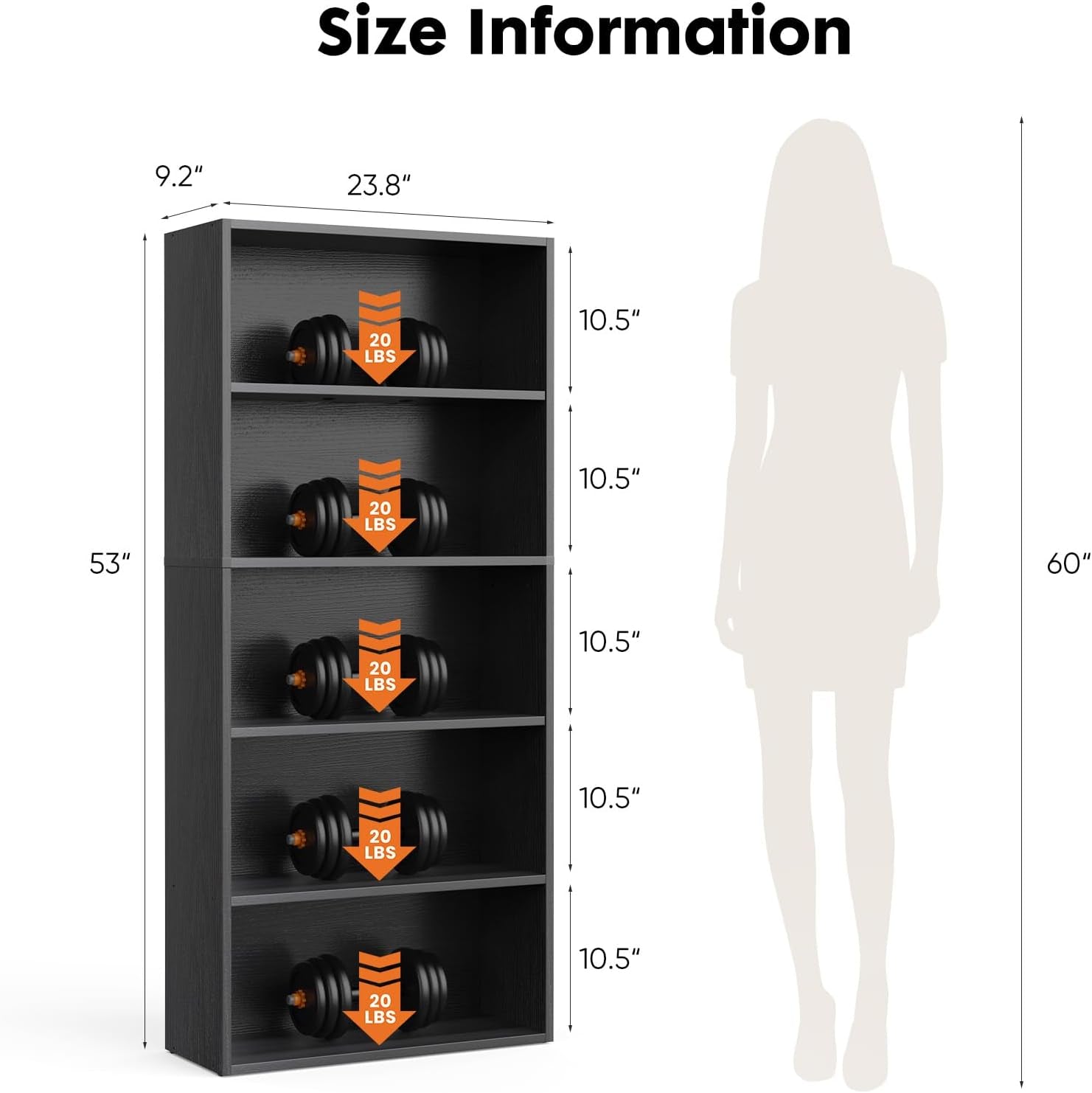 Industrial 5 Shelf Bookcase - Large 53 Inch Tall Floor Standing Open Bookshelf with Anti-Tipping Device for Home Office, Living Room, and Bedroom Storage, Black