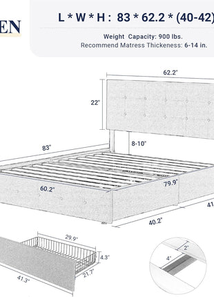 Queen Size Upholstered Platform Bed Frame with 4 Storage Drawers and Headboard, Square Stitched Button Tufted Design, Mattress Foundation with Wooden Slats Support, No Box Spring Required, Light Grey