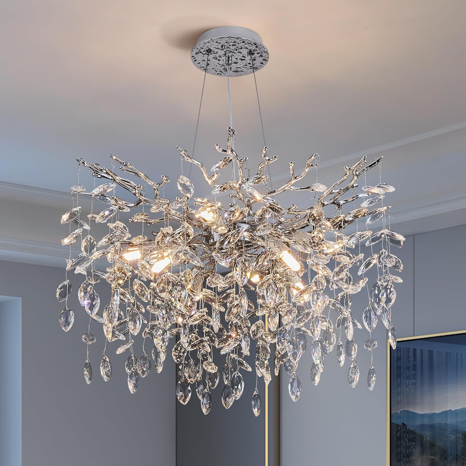 Modern Tree Branch Crystal Chandelier Luxury Silver Crystal Pendant Lighting 23.6" Contemporary 8-Light Chandeliers for Dining Room Kitchen Bedroom Living Room