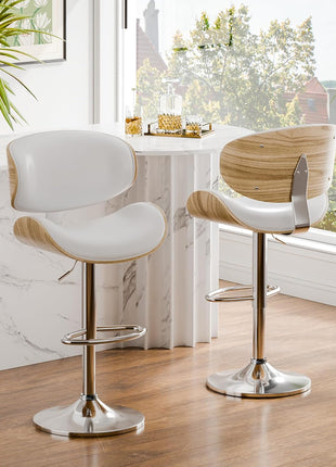 Set of 3 Adjustable Swivel Leather Bar Stools for Kitchen Island - Mid-Century Modern Counter Height Chairs with Backrest and Footrest in Cream White
