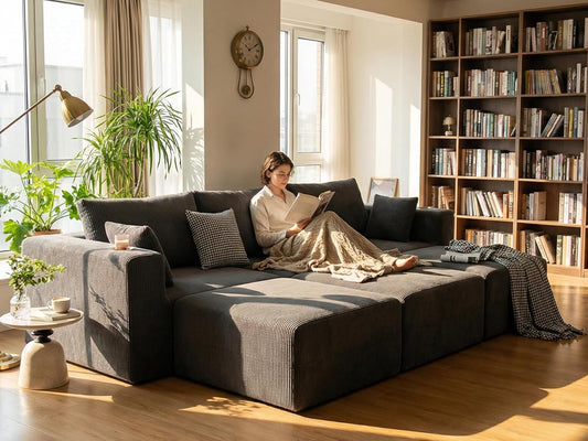 112" Oversized Modular Sectional Sleeper Sofa with 3 Ottoman, Boneless Cloud Couch Bed 3 Seater with Chaise for Living Room, Modern Convertible Sleeper Couch, No Assembly, Corduroy Dark Grey