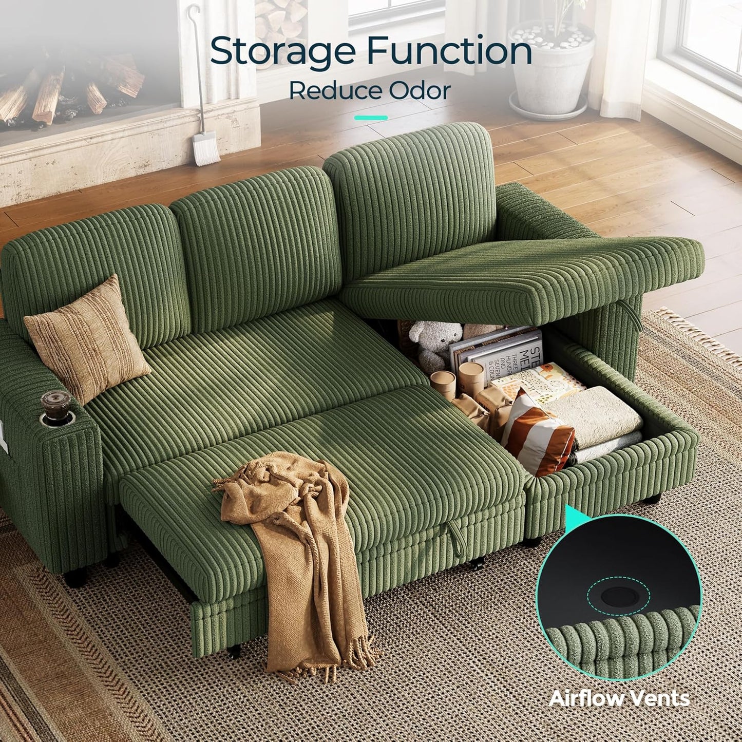 Sectional Sleeper Sofa Pull Out Couches for Living Room (Green, Sleeper Sofa 1) | Pull Out Sofa Bed, Storage, USB Charging, Cup Holders, Plush Corduroy