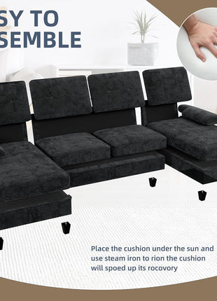 Elegant U-Shaped Sectional Sofa – Modern 4-Seat Couch with Double Chaise and Removable Pillows in Chic Black, Perfect for Apartment Living Rooms