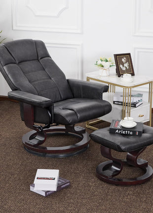 Manual Swivel Recliner and Ottoman Set for Compact Spaces - Dark Grey Faux Leather for Living Room, Bedroom, and Office