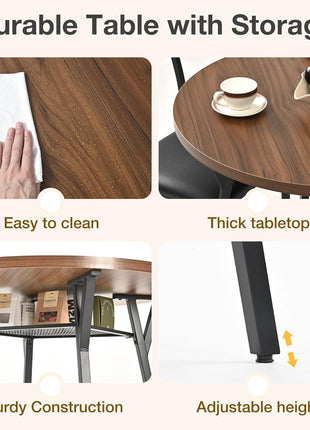 Round Dining Table Set for Four - Compact Kitchen and Dining Room Furniture with Durable Metal Frame and Walnut Finish
