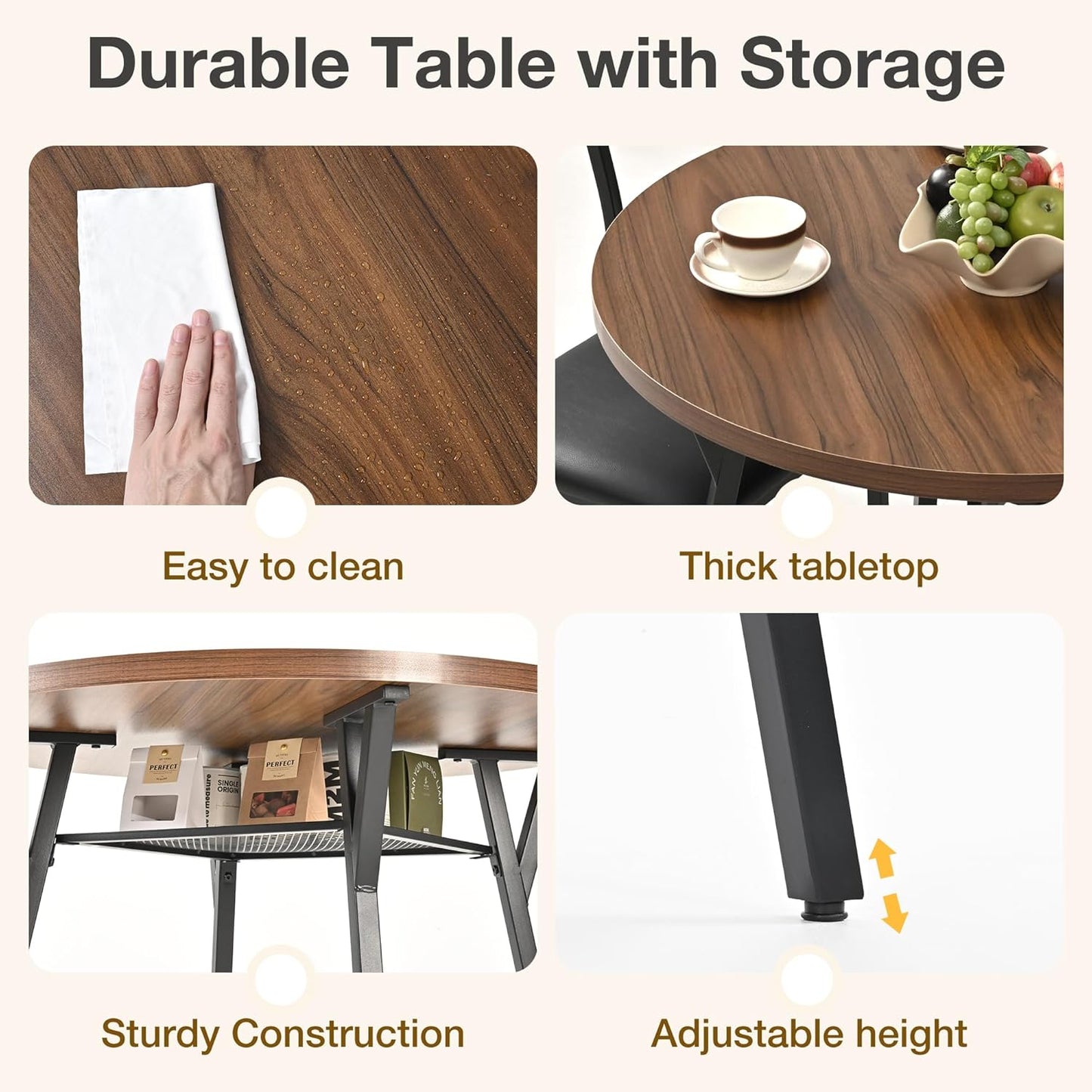 round Dining Table Set for 4, Kitchen Table and Chairs for 4, Dining Room Circle Dinner Pedestal Table, Solid Metal Frame,Space Saving Wood Small Kitchen & Dining Room Furniture,Walnut