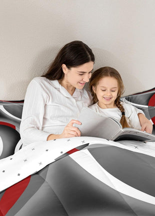 Queen Stripes Comforter Set for Kids and Teens - Gray, Black, and Red Abstract Design, Soft Lightweight Modern Duvet with 1 Comforter and 2 Pillowcases