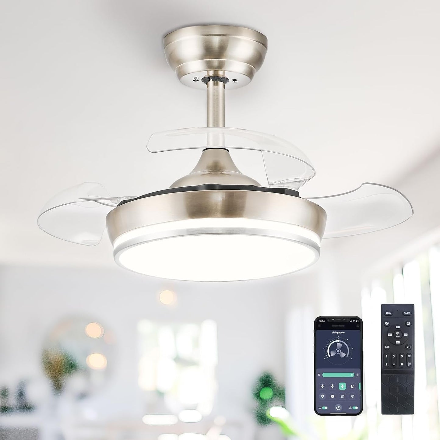 30" Retractable Ceiling Fans with Lights, Dimmable LED Ceiling Fan Remote Control, Modern Small Fan Light for Bedroom Living Room Dinning Room Kitchen, 3000K-6500K, 6 Speed (Brushed Nickel)