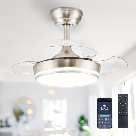 30" Retractable Ceiling Fans with Lights, Dimmable LED Ceiling Fan Remote Control, Modern Small Fan Light for Bedroom Living Room Dinning Room Kitchen, 3000K-6500K, 6 Speed (Brushed Nickel)